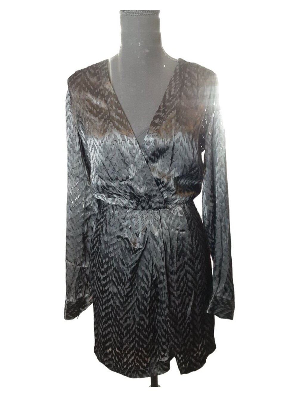 L'AGENCE Black Print Animal V Neck Faux Wrap Sheer Silk Dress XS/S